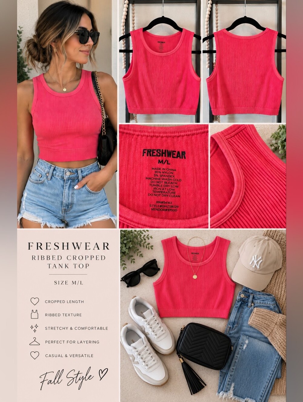 FRESHWEAR Ribbed Cropped Tank Top – Red, Size M/L